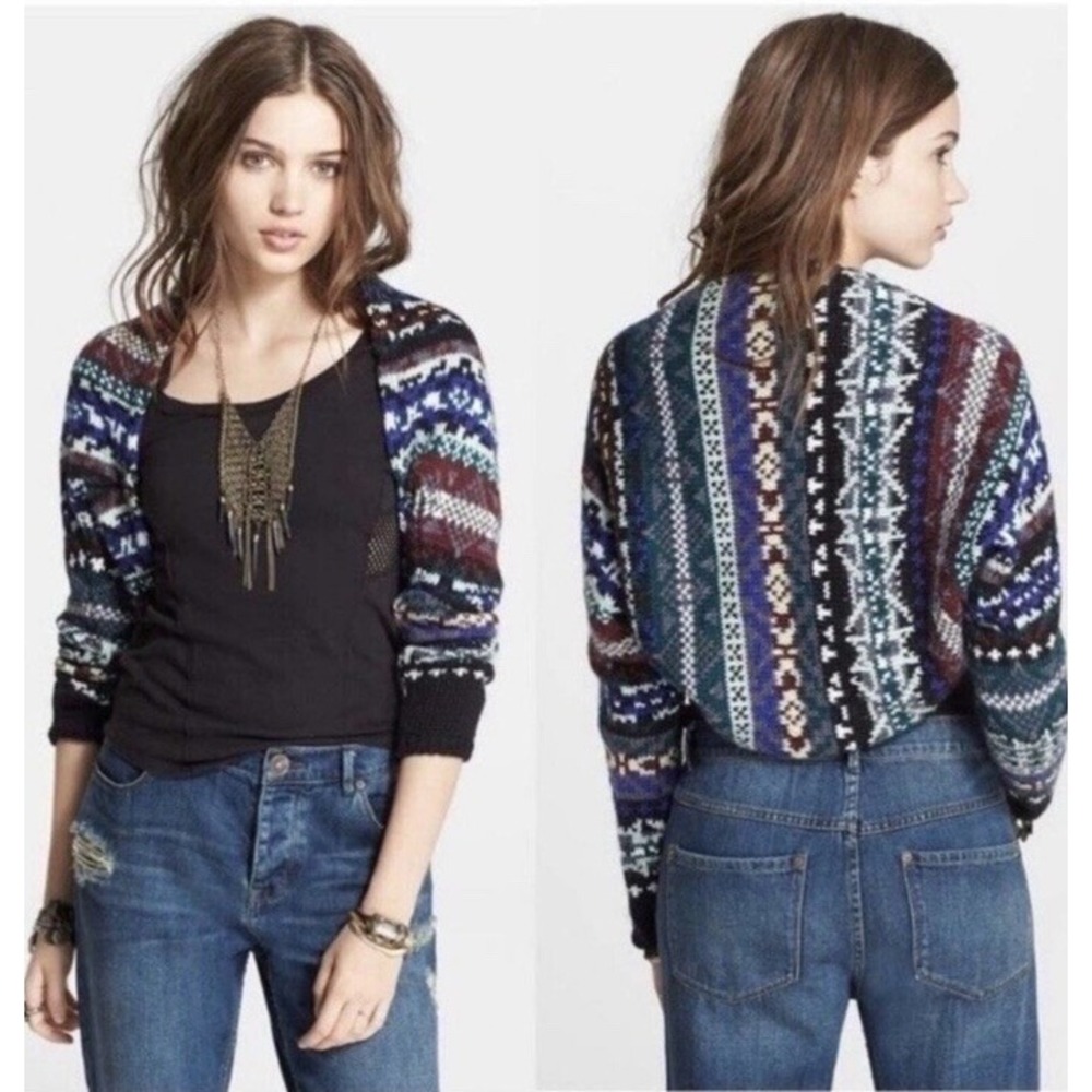 Free People Carnival Shrug Sweater Fair Isle Knit Black Lace Back Bolero Large